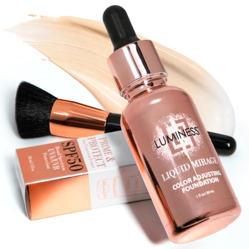 LUMINESS Liquid Mirage w/SPF 50 Color Adjusting Foundation Kit - Color Changing Foundation, SPF 50 Primer & Makeup Brush, Face Makeup for Mature Skin,
