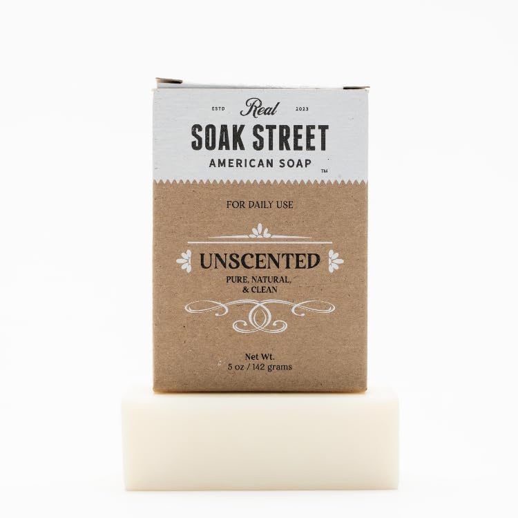 Soak Street Real American Soap, Clean & Unscented (Single 5oz Bar) - Long-Lasting, Moisturizing Natural Bar Soap with Grass-Fed Tallow, Gentle Lard Beauty & Personal Care Soak Street