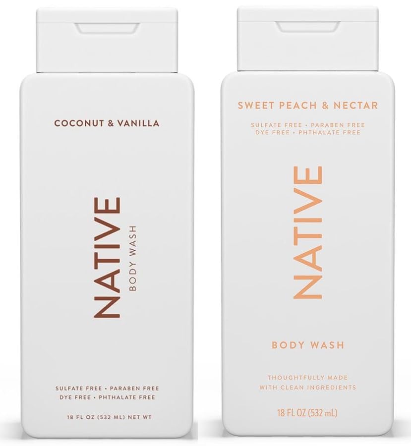 Energizing Essentials 1852 Bundle | Native Body Wash 2-Pack: Coconut & Vanilla + Sweet Peach & Nectar (18 fl oz each) Beauty & Personal Care Energizing Essentials 1852