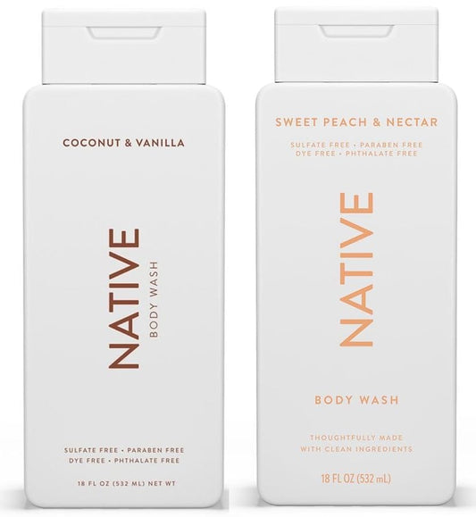 Energizing Essentials 1852 Bundle | Native Body Wash 2-Pack: Coconut & Vanilla + Sweet Peach & Nectar (18 fl oz each) Beauty & Personal Care Energizing Essentials 1852