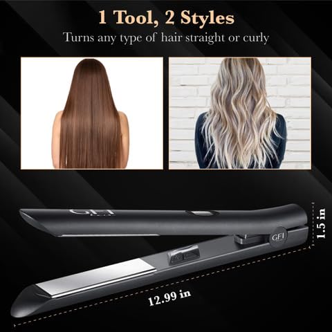 GFI Hair Straightener - Turbo Heating Element - Titanium Flat Iron - Straightens & Curls Any Hair Type - Temperature Control - Pouch & Glove Included Beauty & Personal Care GFI