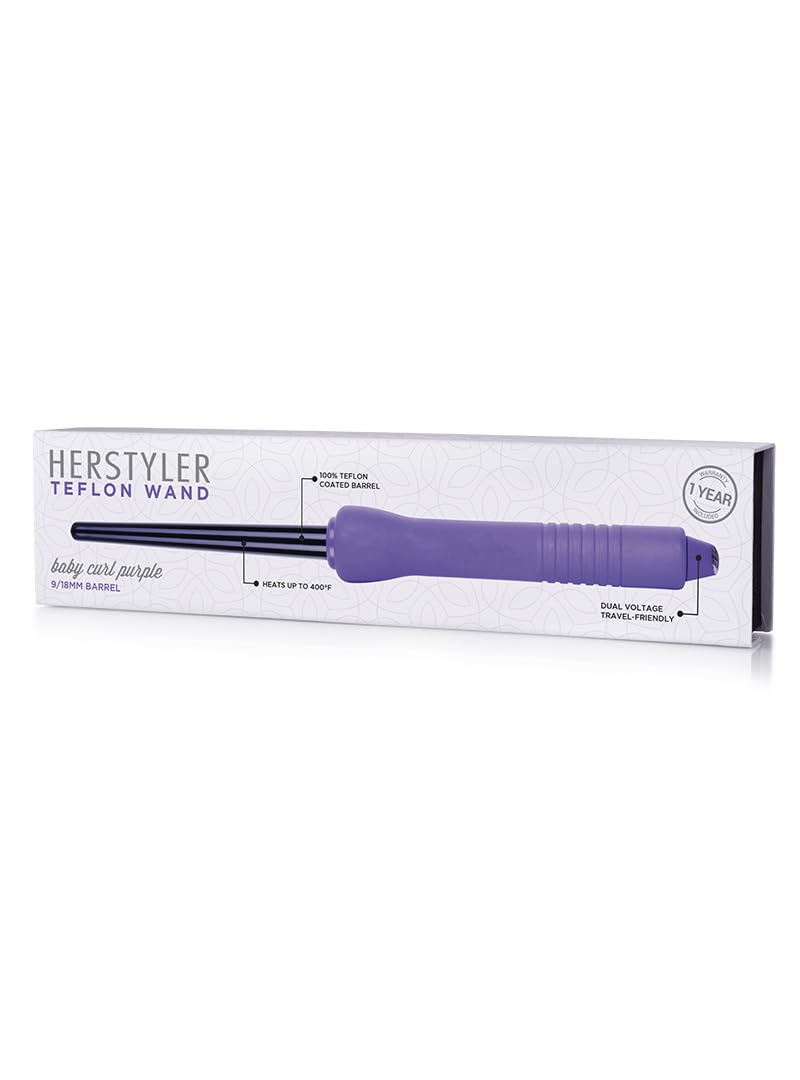 HerStyler Baby Curls Mini Curling Iron, 9mm to 13mm Tapered Barrel, Thin Curling Wand with Dual Voltage, For Crowned Curls, Purple Beauty & Personal Care HerStyler