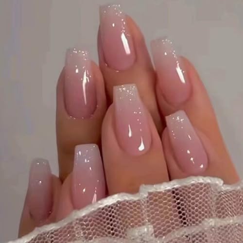 Hkanlre Bling Coffin Press on Nails Fake Nails Tips Full Cover Medium False Gradient Nails for Women and Girls 24PCS (Coffin pink) Beauty and Personal Care Hkanlre Default Title