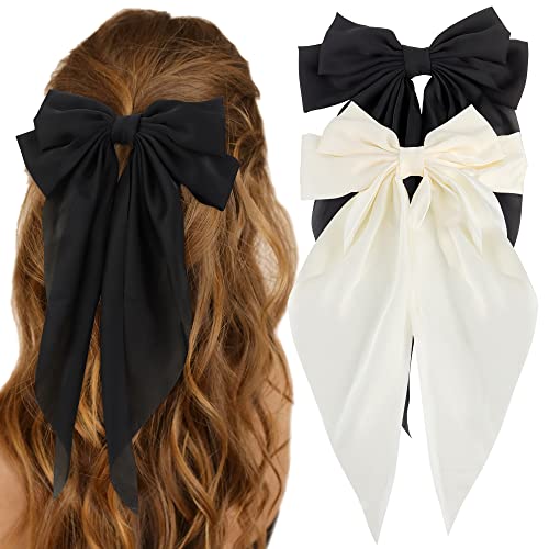ATODEN Silky Satin Hair Bows 2Pcs Big Hair Bows for Women Hair Ribbons Oversized Long Tail White Hair Bow Black Hair Bow Large Hair Ribbon Barrettes Beauty & Personal Care Atoden