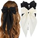 ATODEN Silky Satin Hair Bows 2Pcs Big Hair Bows for Women Hair Ribbons Oversized Long Tail White Hair Bow Black Hair Bow Large Hair Ribbon Barrettes Beauty & Personal Care Atoden