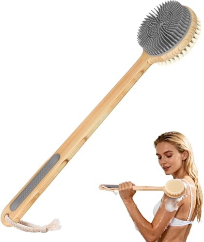 Back Scrubber for Shower - Double-Sided Silicone and Super-Dense Bristles for Deep Cleaning & Exfoliation, Bamboo Long Handle with Wider Anti-Slip Beauty and Personal Care VWMYQ Default Title
