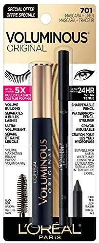 L’Oréal Paris Original Voluminous Mascara Makeup Set, Includes Building Volume and Length Mascara and Infallible Eyeliner, Black, 1 Kit