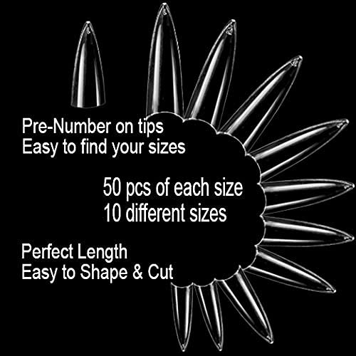 VIVACE Clear Long Stiletto 500pcs Artificial Fake Gel Nail Tips,10 Sizes With Clear Plastic Case For Nail Salon Beauty & Personal Care Vivace