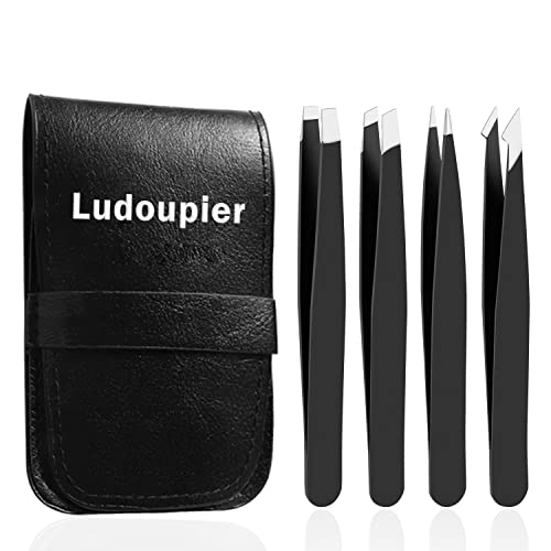 LUDOUPIER [4+1 Pieces] Tweezers Set with Travel Case, Great Precision Upgrade Professional Anti-rust Alloy Tweezers for Women & Men Multi-purpose as Beauty & Personal Care LUDOUPIER