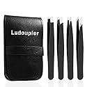 LUDOUPIER [4+1 Pieces] Tweezers Set with Travel Case, Great Precision Upgrade Professional Anti-rust Alloy Tweezers for Women & Men Multi-purpose as Beauty & Personal Care LUDOUPIER