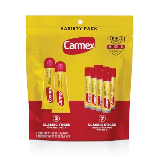 Carmex Classic Medicated Lip Balm Pack, Lip Moisturizer for Chapped Lips, 9-Count Variety Pack Bag (2 Tubes, 7 Sticks) Beauty and Personal Care Carmex Default Title