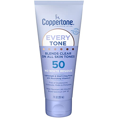 Coppertone Every Tone Sunscreen Lotion SPF 50, Lightweight, Rubs on Clear Sunscreen for All Skin Tones, Formulated with Nourishing Vitamin E, 7 Fl Oz Beauty & Personal Care Coppertone