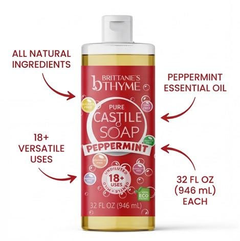 Brittanie's Thyme Pure Castile Liquid Soap Refill (Peppermint, 32 oz Pack of 2) | For Hair & Body, Gentle and Pure, Made with Natural Luxurious Oils Beauty & Personal Care Brittanie's Thyme