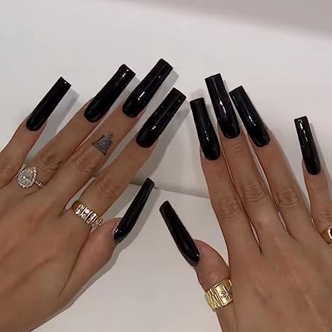 IMSOHOT 24Pcs Square Press on Nails Extra Long Squoval False Nails Black Fake Nails Full Cover Solid Color Acrylic Nails for Women Beauty & Personal Care IMSOHOT