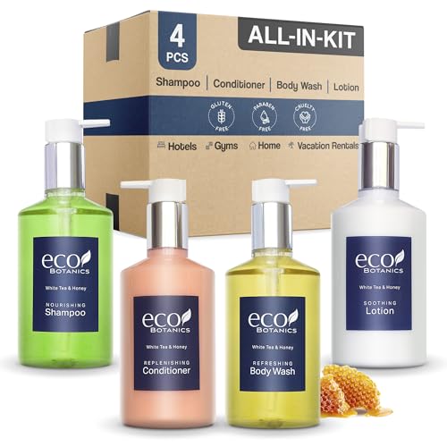 Eco Botanics Hotel Amenities Set | 10.14oz Pump Bottles | Shampoo, Conditioner, Hand & Body Wash, and Lotion | Set of 4 Beauty & Personal Care Terra Pure