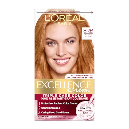 L'Oreal Paris Excellence Crème Permanent Hair Dye, Triple Care Hair Color with Pro-Keratine Complex for 100% Gray Hair Coverage, 8RB Reddish Blonde, 1 Beauty & Personal Care L'Oreal Paris