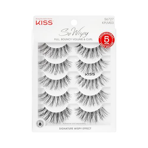 Kiss Looks So Natural, So Wispy False Eyelashes, 5 Pairs, 14mm, Reusable Thin Band Strip Lashes for Bouncy Volume & Curl, Lightweight, Easy-to-Apply