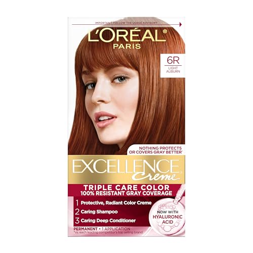 L'Oreal Paris Excellence Crème Permanent Hair Dye, Triple Care Hair Color with Hyaluronic Acid for 100% Gray Coverage, 6R Light Auburn, 1 Kit Beauty & Personal Care L'Oreal Paris