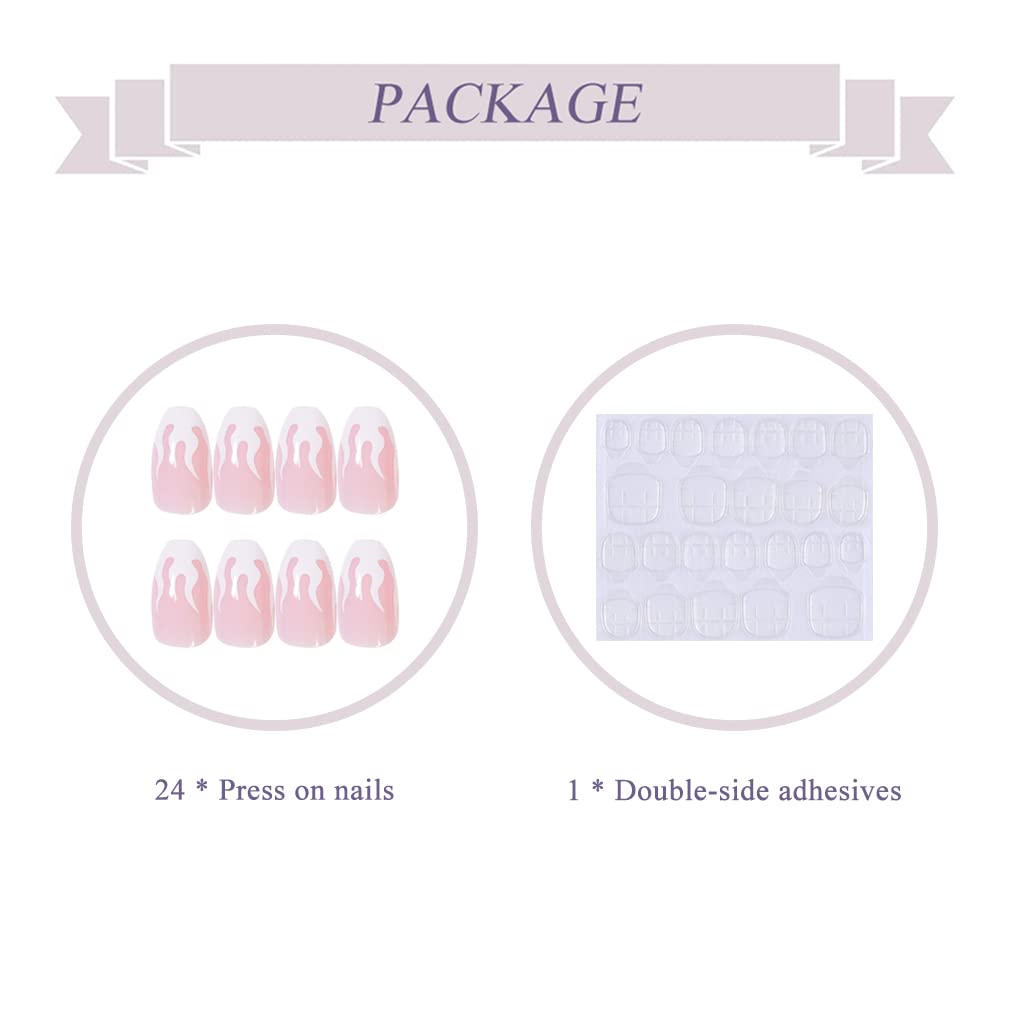 BABALAL 24Pcs Medium Coffin Fake Nails Pink White Flame False Nails Glossy Ballerina Press on Nails for Women and Girls Beauty & Personal Care BABALAL