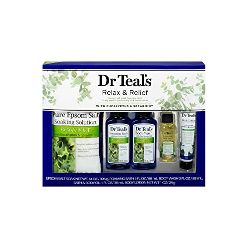 Dr Teal's Eucalyptus & Spearmint Relax & Relief Full Regimen 5-Piece Gift Set (Epsom Salt Soaking Solution, Foaming Bath, Body Wash, Moisturizing Bath Beauty & Personal Care Dr Teal's