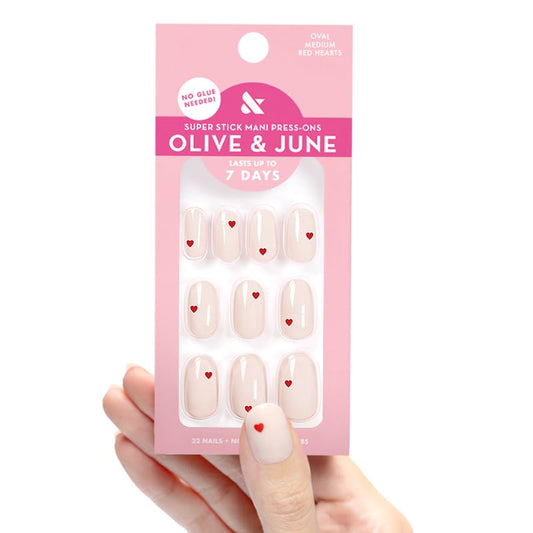 Olive & June Super Stick Press-On Nails, Red Hearts