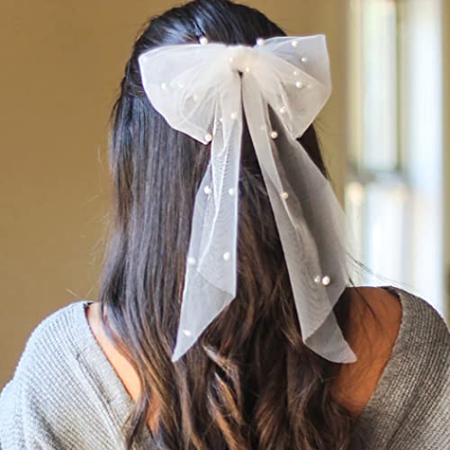 JEAIRTS Bridal Hair Bow Veil Pearl Wedding Hair Piece White Tulle Bow with Clip Bachelorette Party Hair Accessories for Women Beauty & Personal Care JEAIRTS