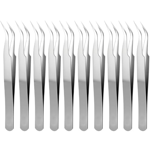 10 PCS Stainless Steel Eyelash Tweezer, Curved Pointed Craft Tweezers for Crafting with Protective Cover Precision Tweezers Set Multipurpose Nail Beauty and Personal Care Styquenzer