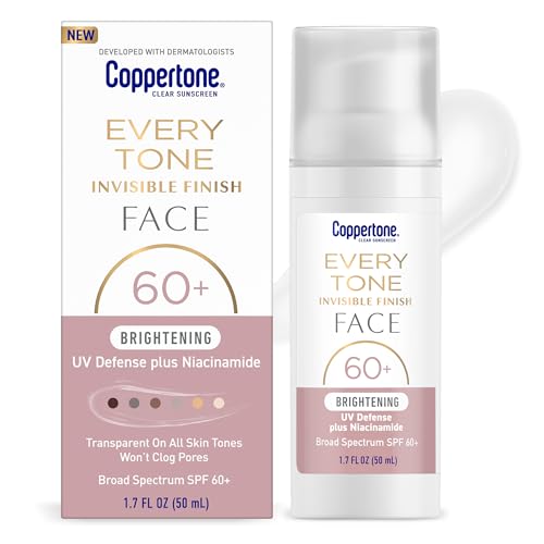 Coppertone Every Tone Invisible Finish Brightening UV Defense Face Sunscreen SPF 60+ with Niacinamide, Lightweight, Blends in Clear Sunscreen for All Beauty & Personal Care Coppertone
