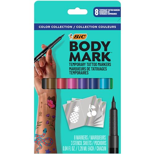 BodyMark Temporary Tattoo Markers, 8-Count Color Collection, Skin-Safe & Cosmetic Quality, Cruelty-Free, Long-Lasting, Flexible Brush Tip, Stencils Beauty and Personal Care BODYMARK Default Title