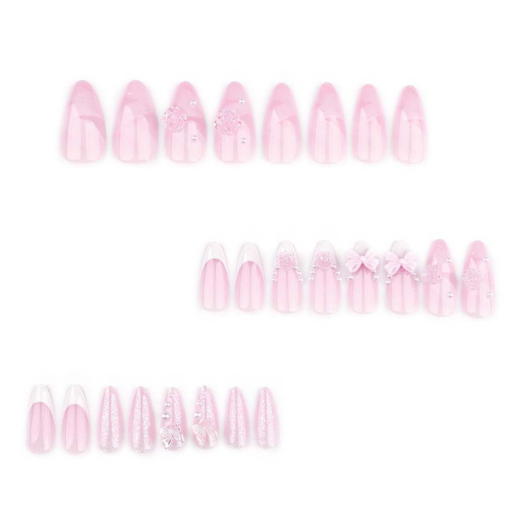 Foccna Press On Nails - Long Rhinestone Pink & Black Square Bling Glossy 3D Flower False Nails - 24pcs (Long Nails 4) Beauty and Personal Care Foccna