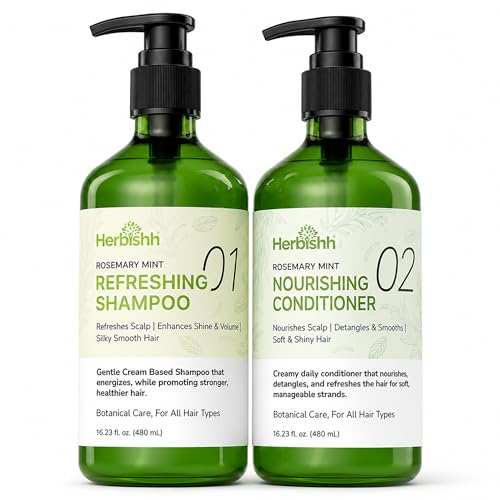 Herbishh Rosemary Mint Shampoo & Conditioner Set (16.23 fl. oz Each), Clarifying Shampoo for Oily Hair, Helps Remove Oil & Residue, Nourish Smooth Beauty & Personal Care Herbishh