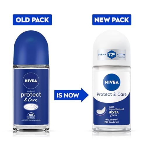 NIVEA Protect & Care Roll-On Deodorant, 72H Protection, 0% Alcohol, Freshness, Gentle Underarm Skin Care, 50ml, Dermatologist Tested, Pack of 3 Beauty and Personal Care NIVEA