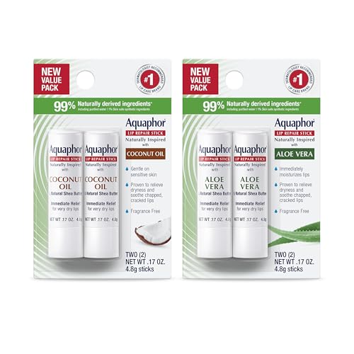Aquaphor Naturally Inspired Lip Repair Stick Four (4) Pack with Shea Butter, Lip Balm Set, Coconut Oil, Two (2) 0.17 Oz + Two (2) Aloe Vera, 0.17 Oz Beauty and Personal Care Aquaphor