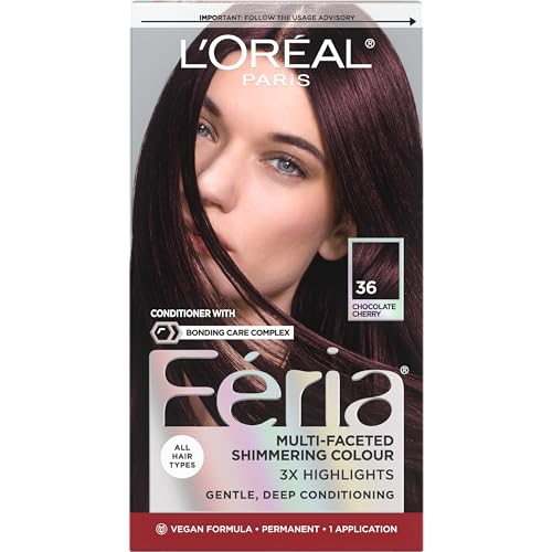 L'Oreal Paris Feria Multi-Faceted Shimmering Permanent Hair Color, 36 (Chocolate Cherry) Deep Burgundy Brown, Pack of 1 Hair Dye Kit Beauty & Personal Care L'Oreal Paris