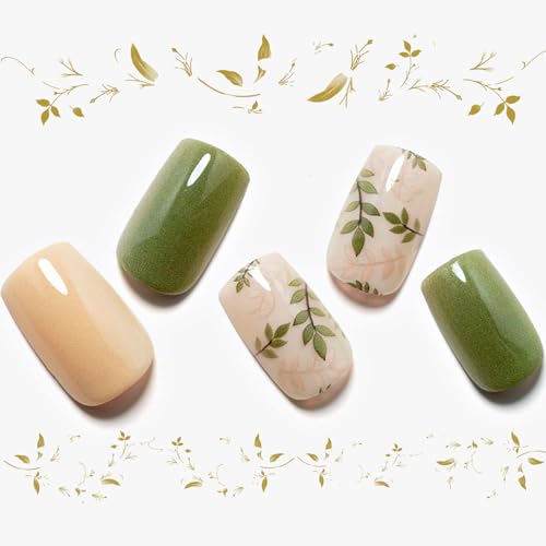 Press on Nails Medium Short Square GLAMERMAID, Amber Green Ferns Fake Nails with Design Cute Acrylic False Nail Kits Stick Glue on Nails Sets Beauty & Personal Care GLAMERMAID