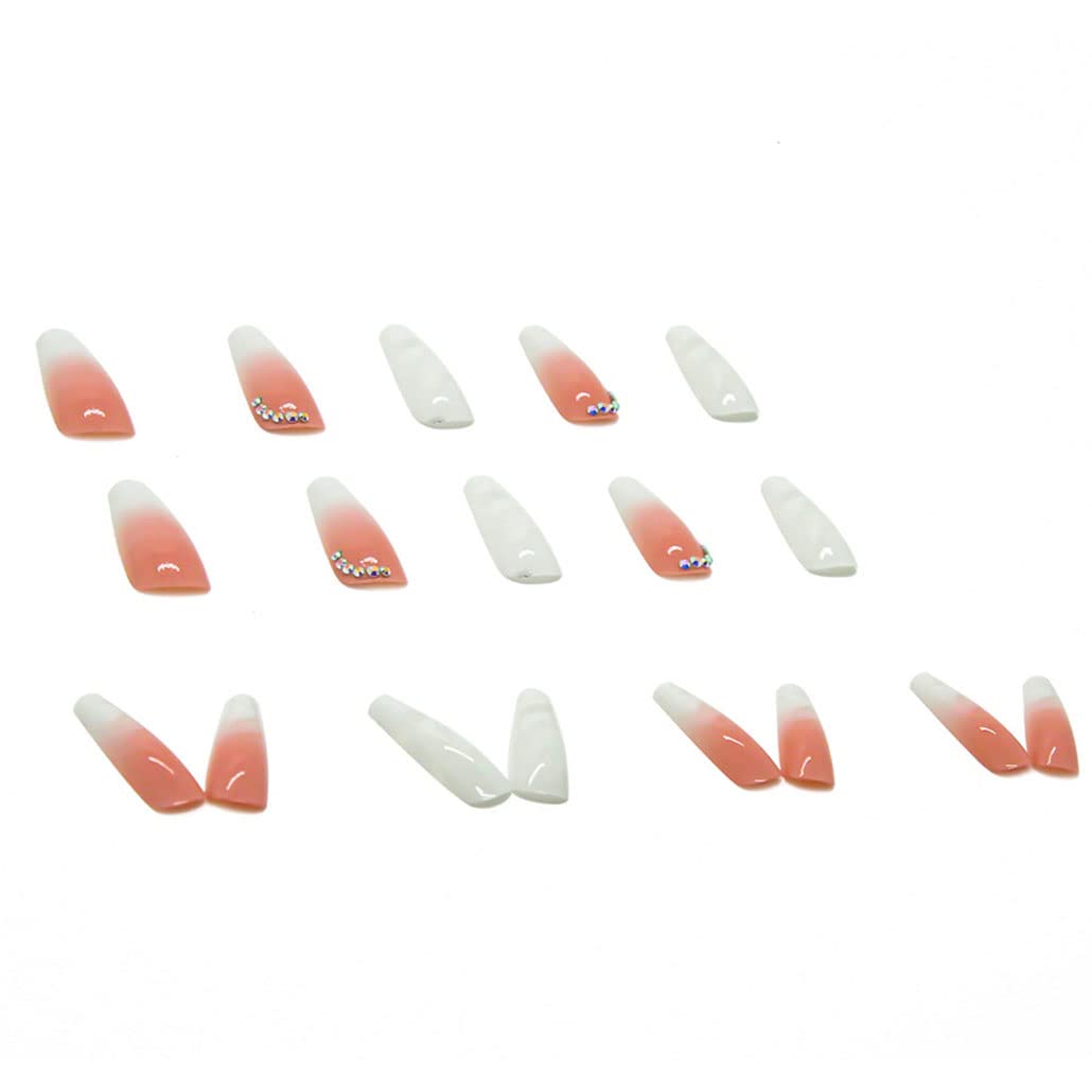 Foccna Gradient Pink Press on Nails Coffin Long Fake Nails Bling False Nails Rhinestone Design White Nails Full Cover False Nail Tips 24 pcs Beauty & Personal Care Foccna