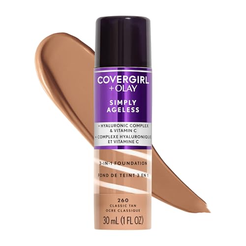 COVERGIRL & Olay Simply Ageless 3-in-1 Liquid Foundation, Matte Finish, Hyaluronic & Vitamin C Formula, 260 Classic Tan, 1 Count Beauty & Personal Care COVERGIRL