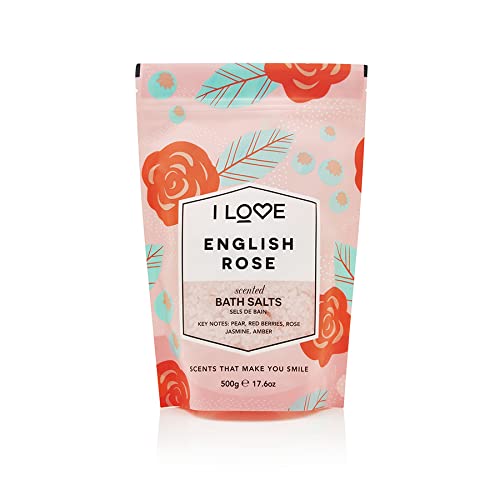 I Love English Rose Scented Bath Salts - Relaxing, Hydrating Bath Soak - Rose Bath Salts with Natural Fruit Extracts - Skin-Softening - 17.6 oz Beauty and Personal Care I LOVE
