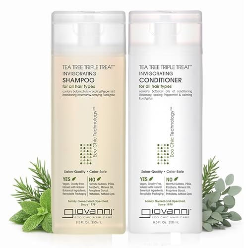 GIOVANNI Tea Tree Triple Treat Invigorating Shampoo & Conditioner Set - Cooling Peppermint, Eucalyptus, Rosemary, Helps Dry, Flaky Scalp, Salon Beauty & Personal Care GIOVANNI