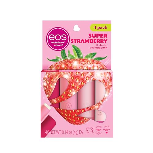 eos Lip Balm Gift Set- Super Strawberry, Limited-Edition, Moisturizing Lip Care with Shea Butter for All-Day Moisture, Variety Pack, 0.14 oz, 4-Pack Beauty and Personal Care eos