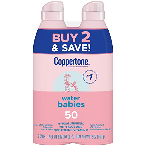 Coppertone WaterBabies Sunscreen Spray SPF 50, Spray On Sunscreen for Babies, Water Resistant, Pediatrician Recommended, 6 Oz, Pack of 2 Beauty & Personal Care Coppertone