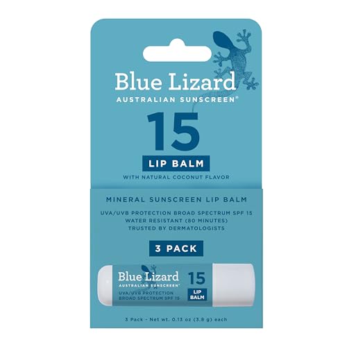BLUE LIZARD Mineral SPF 15 Lip Balm, 3-Pack: Broad Spectrum Sun Protection, Natural Coconut Flavor, 8 Natural Oils, Infused with Australian Kakadu Beauty and Personal Care BLUE LIZARD Default Title