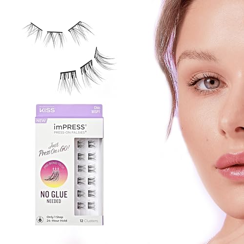 Kiss Impress Falsies Press On Self Adhesive Eyelashes, 12mm-14mm Natural Volume Press On Lashes, Black, No Glue Needed, Invisible Band, 12 Lash