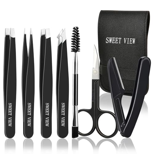 SWEET VIEW 7pcs Eyebrow Tweezers Kit for Women Precision Plucker with Brow Scissors & Razor & Spoolie for Facial, Chin, Brow, Splinter and Ingrown Beauty and Personal Care SWEET VIEW