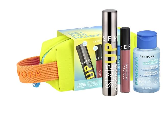 Sephora Collection Get (UN) Ready Beauty - Cream Lip Stain (122 Casual Peach), Mascara Size up (Ultra Black) and Mini Micellar Cleansing Water