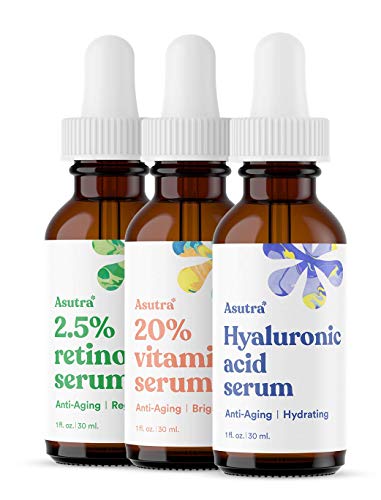 ASUTRA Face Serum Variety Pack, 3 Products - 1 fl oz 2.5% Retinol, 1 lf oz 20% Vitamin C, 1 fl oz Hyaluronic Acid Face Serum Beauty & Personal Care ASUTRA