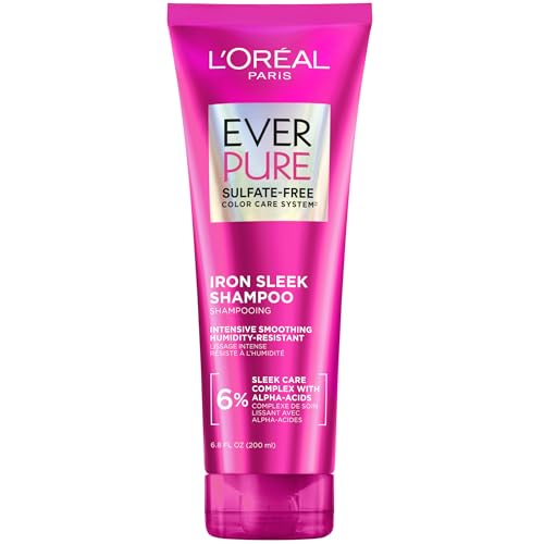L'Oreal Paris Sulfate Free Iron Sleek Smoothing Shampoo, Frizz Control and Humidity-Resistant Formula with Alpha-Acids for Frizzy Hair, Suitable