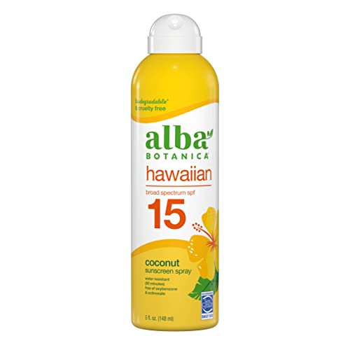 Alba Botanica Sunscreen Spray for Face and Body, Broad Spectrum SPF 15 Sunscreen, Hawaiian Coconut, Water Resistant and Biodegradable, 5 fl. oz. Beauty & Personal Care Alba Botanica