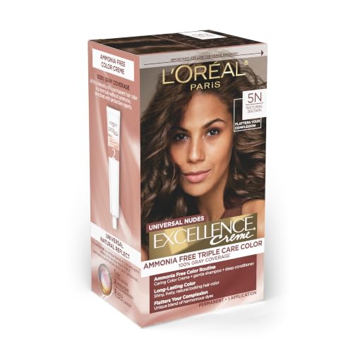 L’Oreal Paris Excellence Universal Nudes Permanent Hair Color, Ammonia Free Hair Dye for Gray Hair Coverage, 5N Natural Brown, 1 Hair Dye Kit