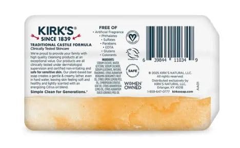 Kirk's 100% Premium Coconut Oil Castile Bar Soap, Citrus Twist, 3 Bars, 4 oz (113 g) Each Beauty & Personal Care Kirk's